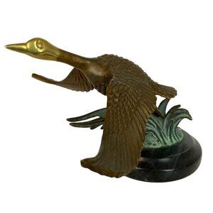 Enesco Flying Wild Canadian Goose Figurine Marble Base Solid Brass Patina 1980s